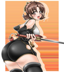 Rule 34 | 1041 (toshikazu), 1girl, :d, alternate costume, ass, black thighhighs, brown eyes, brown hair, chai xianghua, from behind, hair ornament, huge ass, looking at viewer, looking back, open mouth, short hair, smile, solo, soul calibur, soulcalibur, soulcalibur iii, sword, thighhighs, weapon