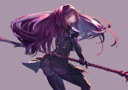 Rule 34 | 1girl, ass, bad id, bad twitter id, bodysuit, fate/grand order, fate (series), grey background, hair intakes, highres, long hair, looking at viewer, looking back, open mouth, polearm, purple eyes, red eyes, rolua, scathach (fate), shoulder pads, skirt, solo, spear, weapon