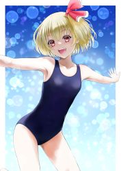 Rule 34 | 1girl, blonde hair, blue one-piece swimsuit, bosutonii, commentary request, flat chest, hair ribbon, highres, leaning forward, looking at viewer, medium hair, new school swimsuit, one-piece swimsuit, outstretched arms, red eyes, ribbon, rumia, school swimsuit, smile, solo, standing, swimsuit, touhou, upper body