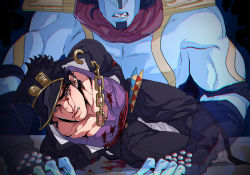 Rule 34 | 2boys, armor, arms behind back, black hair, blood, blood on clothes, blood on face, blue eyes, blue skin, blue skirt, bound, bound arms, chain, chromatic aberration, clenched teeth, colored skin, fingerless gloves, gakuran, gloves, hat, head out of frame, jojo no kimyou na bouken, kuujou joutarou, less end, long coat, male focus, multiple boys, pauldrons, school uniform, shibari, shibari over clothes, shoulder armor, skirt, star platinum, stardust crusaders, teeth, translucent