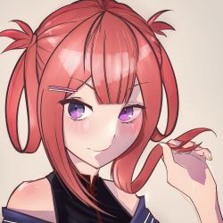 Rule 34 | 1girl, atelier live, bad id, bad twitter id, beige background, blush, commentary, english commentary, hair ornament, hair rings, hairclip, highres, holding, holding own hair, iii (eiiisd), kani kanizawa, looking to the side, purple eyes, red hair, smile, solo, upper body, virtual youtuber
