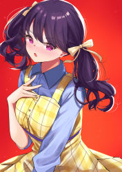 Rule 34 | 1girl, :o, absurdres, blue shirt, blush, breasts, dress, fang, fukumaru koito, full-face blush, hair ribbon, hand on own chest, highres, idolmaster, idolmaster shiny colors, kebohan, lapels, looking at viewer, medium breasts, pinafore dress, plaid, plaid dress, purple hair, red background, red eyes, ribbon, shirt, simple background, skin fang, sleeveless dress, solo, twintails, upper body, wavy hair, yellow dress