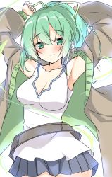 Rule 34 | 1girl, arms up, blush, breasts, dot nose, green eyes, green hair, highres, raion (inoueraion), simple background, skirt, solo, tagme, white background, wynn the wind charmer, yu-gi-oh!