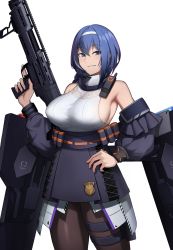 Rule 34 | 1girl, ballistic shield, blue eyes, blue hair, breasts, bullpup, cero (last2stage), commission, cowboy shot, detached sleeves, double-barreled shotgun, dp-12 (girls&#039; frontline), girls&#039; frontline, grin, gun, hairband, high-waist skirt, highres, holding, holding gun, holding weapon, large breasts, looking at viewer, multiple-barrel firearm, pantyhose, pixiv commission, pump-action shotgun, pump action, shield, shield module, shirt, short hair, shotgun, side-by-side-barreled shotgun, sideboob, skirt, sleeveless, sleeveless shirt, smile, solo, standard manufacturing dp-12, standing, turtleneck, vertical forward grip, weapon, white hairband, white shirt