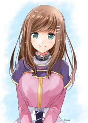 Rule 34 | 1girl, bad link, breasts, brown hair, closed mouth, green eyes, hair ornament, hairclip, highres, long hair, looking at viewer, medium breasts, simple background, smile, solo, sophia esteed, star ocean, star ocean till the end of time