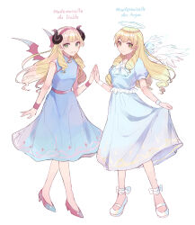 Rule 34 | 1girl, absurdres, angel wings, bare shoulders, blonde hair, blue dress, breasts, closed mouth, commentary request, demon horns, demon wings, dress, ensemble stars!, feathered wings, full body, green eyes, halo, highres, horns, long hair, looking at viewer, mademoiselle (ensemble stars!), short sleeves, sleeveless, small breasts, two-tone footwear, wednesday 108, white background, white footwear, white wings, wings