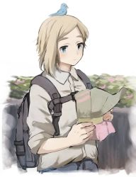 Rule 34 | 1girl, animal, animal on head, backpack, bag, bird, bird on head, blonde hair, blue eyes, collared shirt, cowboy shot, flower, grey shirt, holding, holding paper, kikurina, long sleeves, looking at viewer, on head, original, paper, shirt, simple background, sleeves pushed up, smile, solo, white background, white shirt, wing collar
