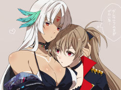 Rule 34 | 2girls, amazuki jou, azur lane, bare shoulders, breasts, brown hair, cleavage, closed mouth, collar, collarbone, commentary request, dark-skinned female, dark skin, earrings, eyebrows, eyes visible through hair, feather hair ornament, grey background, hair ornament, heart, hug, jean bart (azur lane), jewelry, large breasts, long hair, massachusetts (azur lane), multiple girls, native american, ponytail, red eyes, simple background, thought bubble, translated, upper body, white hair, yuri