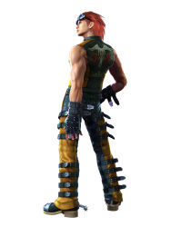 Rule 34 | 1boy, 3d, absurdres, back, belt, boots, fingerless gloves, full body, gloves, goggles, goggles on head, highres, hwoarang, leather, male focus, muscular, namco, official art, red hair, simple background, sleeveless, solo, spurs, standing, tekken, thigh strap, vest