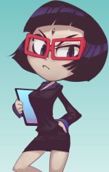 Rule 34 | 1girl, angry, black hair, black jacket, black skirt, blue background, breasts, cartoon network, colored skin, conoghi, dc comics, forehead jewel, glasses, grey skin, hand on own hip, holding, jacket, long sleeves, looking at viewer, medium breasts, office lady, pencil skirt, purple eyes, raven (dc), short hair, skirt, standing, tablet pc, teen titans, teen titans go!