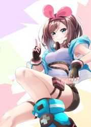 Rule 34 | 1girl, black gloves, black shorts, blue footwear, blue jacket, blush, breasts, brown hair, closed mouth, commentary request, date (mamanonamaebot), fingerless gloves, gloves, hair ribbon, hairband, hand up, headphones, headphones around neck, highres, index finger raised, jacket, kizuna ai, kizuna ai (a.i. games), kizuna ai inc., looking at viewer, medium breasts, multicolored hair, official alternate costume, open clothes, open jacket, pink hair, pink hairband, pink ribbon, ribbon, shirt, shoes, short shorts, short sleeves, shorts, smile, solo, streaked hair, virtual youtuber, white shirt