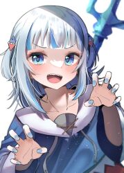 Rule 34 | 1girl, animal costume, blue eyes, blue hair, blue hoodie, blue nails, blunt bangs, blush, claw pose, gawr gura, gawr gura (1st costume), grey hair, hair ornament, highres, hololive, hololive english, hood, hoodie, kimura mitsuki, looking at viewer, medium hair, multicolored hair, nail polish, open mouth, polearm, shark costume, shark hair ornament, sharp teeth, sidelocks, smile, solo, streaked hair, teeth, trident, two side up, upper teeth only, virtual youtuber, weapon, weapon on back, white background