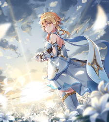 Rule 34 | 1girl, backless outfit, bare shoulders, blonde hair, blush, capelet, cloud, cloudy sky, dress, feather hair ornament, feathers, field, flower, flower field, gauntlets, genshin impact, hair between eyes, hair flower, hair ornament, holding, holding flower, looking at viewer, lumine (genshin impact), outdoors, short hair, sky, sunlight, thighhighs, white dress, white flower, white thighhighs, yellow eyes, zhandou greymon