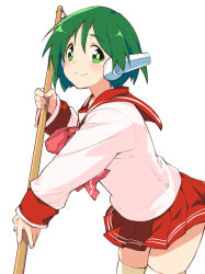 Rule 34 | 1girl, bow, closed mouth, green eyes, green hair, long sleeves, miniskirt, mop, multi (to heart), pink bow, pleated skirt, red sailor collar, red skirt, robot ears, sailor collar, school uniform, serafuku, shirt, short hair, simple background, skindentation, skirt, smile, solo, tareme, thighhighs, to heart, to heart (series), white background, white shirt, white thighhighs, youhei 64d, zettai ryouiki