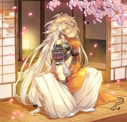 Rule 34 | 10s, 1boy, armor, cherry blossoms, closed eyes, fang, full body, indian style, japanese armor, japanese clothes, kogitsunemaru, long hair, low-tied long hair, male focus, okidokei, petals, shoulder armor, sitting, smile, sode, solo, touken ranbu, white hair