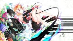Rule 34 | 1girl, aqua eyes, ascot, blonde hair, cable, detached sleeves, flower, hair ornament, hairband, hairpin, highres, instrument, kagamine rin, miniskirt, piano, plant, short hair, skirt, solo, speaker, tyouya, vocaloid, wire