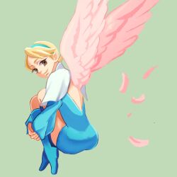 Rule 34 | 1girl, blonde hair, blue dress, blue eyes, blue footwear, blue hairband, boots, breath of fire, breath of fire iv, brown pantyhose, closed mouth, dress, feathered wings, feathers, full body, hairband, knee boots, long sleeves, looking at viewer, namedango, nina (breath of fire iv), pantyhose, pink wings, short dress, short hair, simple background, smile, solo, wings