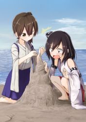 Rule 34 | 10s, 2girls, bare shoulders, beach, black hair, blue skirt, blue sky, brown eyes, brown hair, day, detached sleeves, enoshito, hair ornament, highres, kaga (kancolle), kantai collection, kneeling, multiple girls, nontraditional miko, ocean, open mouth, outdoors, pleated skirt, red eyes, red skirt, sand castle, sand sculpture, short hair, side ponytail, skirt, sky, squatting, tasuki, yamashiro (kancolle), aged down