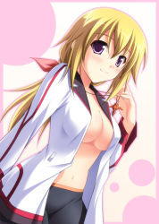 Rule 34 | 10s, 1girl, blonde hair, blush, breasts, charlotte dunois, cleavage, infinite stratos, jewelry, large breasts, long hair, navel, no bra, open clothes, open shirt, pendant, pilot suit, purple eyes, shirt, smile, solo, tsuda akira