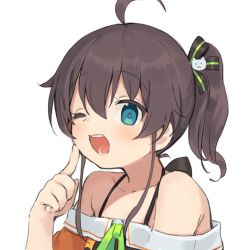 Rule 34 | 1girl, ahoge, bare shoulders, blush, brown hair, cat hair ornament, collarbone, finger to face, green ribbon, hair between eyes, hair ornament, highres, hololive, index finger raised, long hair, natsuiro matsuri, natsuiro matsuri (1st costume), off-shoulder shirt, off shoulder, one eye closed, open mouth, orange shirt, ribbon, seramikku, shirt, side ponytail, sidelocks, simple background, solo, upper body, virtual youtuber, white background