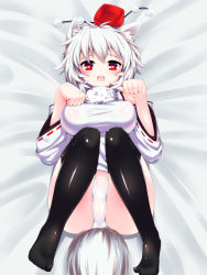 Rule 34 | 1girl, animal ears, bare shoulders, black thighhighs, breasts, dangan neko, detached sleeves, female focus, hat, heart, heart-shaped pupils, highres, inubashiri momiji, large breasts, looking at viewer, lying, no pants, on back, panties, pantyshot, paw pose, pom pom (clothes), red eyes, short hair, silver hair, smile, solo, symbol-shaped pupils, tail, thighhighs, tokin hat, touhou, underwear, white panties, wolf ears, wolf tail