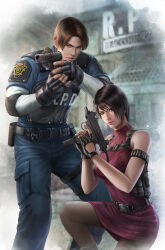 Rule 34 | 1boy, 1girl, ada wong, aiming, bare arms, bare shoulders, belt, black gloves, black hair, black pantyhose, blue eyes, blue jacket, blue pants, breasts, brown hair, building, cargo pants, commentary, dress, elbow pads, english commentary, finger on trigger, fingerless gloves, fingernails, fn five-seven, gloves, gun, handgun, hands up, highres, holding, holding gun, holding weapon, jacket, john law bc, leon s. kennedy, lips, looking at viewer, medium breasts, micro uzi, nose, on one knee, outdoors, pants, pantyhose, parted hair, parted lips, pdw-caliber pistol, police, police uniform, pouch, realistic, red dress, resident evil, resident evil 2, short dress, short hair, shoulder pads, signature, sleeveless turtleneck dress, submachine gun, thigh strap, trigger discipline, turtleneck, turtleneck dress, two-handed, two-handed handgun grip, uniform, utility belt, uzi, weapon