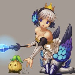 Rule 34 | 1girl, armor, armored dress, bad id, bad pixiv id, bare shoulders, beni no iruka, blue eyes, breasts, cleavage, crown, detached sleeves, dress, feathers, grey background, gwendolyn (odin sphere), hair ornament, hairband, kneeling, multicolored wings, no choker, odin sphere, polearm, silver hair, simple background, small breasts, solo, spear, strapless, strapless dress, thighhighs, weapon, wings