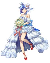 Rule 34 | 1girl, antenna hair, asymmetrical hair, bare shoulders, blue eyes, blue hair, bouquet, closed mouth, crescent, crescent hair ornament, detached sleeves, dress, earrings, flower, fujishino shikino, hair ornament, high heels, jewelry, looking at viewer, pointy ears, rena lanford, short hair, simple background, smile, solo, star ocean, star ocean anamnesis, star ocean the second story, wedding dress, white background, white dress