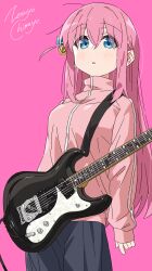 Rule 34 | 1girl, absurdres, artist name, black skirt, blue eyes, bocchi the rock!, cube hair ornament, electric guitar, gotoh hitori, guitar, hair between eyes, hair ornament, highres, instrument, jacket, long hair, long sleeves, looking at viewer, one side up, pink background, pink hair, simple background, skirt, solo, track jacket, zetsuyo chimayo