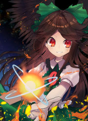 Rule 34 | 1girl, arm cannon, bird wings, blush, bow, brown hair, brown wings, collared shirt, commentary, embers, eyebrows hidden by hair, feathered wings, floating hair, frilled shirt collar, frills, green bow, hair bow, highres, long hair, looking at viewer, open hand, outstretched arm, parted bangs, puffy short sleeves, puffy sleeves, red eyes, reiuji utsuho, shirt, short sleeves, smile, solo, sun, teeth, third eye, touhou, tsukikusa, upper body, weapon, white shirt, wings
