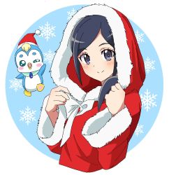 Rule 34 | 1girl, bird, blue eyes, blue hair, blush, bow, christmas, circle, closed mouth, commentary, cropped torso, dress, fur-trimmed dress, fur trim, healin&#039; good precure, healing animal, highres, hood, hood up, hooded dress, kousuke0912, long hair, long sleeves, looking at viewer, pegitan (precure), penguin, precure, red dress, santa dress, sawaizumi chiyu, simple background, smile, snowflake background, solo, split mouth, swept bangs, white background, white bow