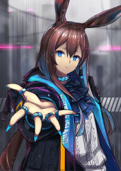 Rule 34 | 1girl, absurdres, amiya (arknights), animal ears, arknights, blue eyes, blue nails, brown hair, rabbit ears, cno, english text, hair between eyes, highres, jewelry, long hair, looking at viewer, multiple rings, nail polish, open clothes, outstretched hand, rain, ring, solo, thumb ring, upper body, wet