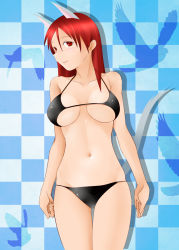 Rule 34 | 1girl, animal ears, bikini, bird, checkered background, dog ears, long hair, minna-dietlinde wilcke, red eyes, red hair, silhouette, solo, strike witches, swimsuit, tail, tanaka rikimaru, world witches series