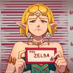 Rule 34 | 1girl, armlet, artist name, barbie (franchise), barbie (live action), bare shoulders, blonde hair, blush, braid, caminukai, character name, collarbone, crown braid, dress, earrings, frown, grey background, grey eyes, hands up, holding, holding sign, jewelry, necklace, nintendo, pointy ears, princess zelda, sad, short hair, sign, solo, tears, the legend of zelda, the legend of zelda: tears of the kingdom