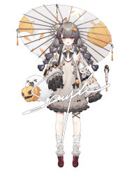 Rule 34 | 1girl, :d, absurdres, black bow, black bowtie, blush, bow, bowtie, braid, dress, flower, food, full body, ghost, grey bow, grey dress, grey hair, grey umbrella, hair bow, hair flower, hair ornament, highres, holding, holding food, holding pumpkin, holding umbrella, holding vegetable, jack-o&#039;-lantern, jack-o&#039;-lantern hair ornament, lite luyu, loafers, long hair, long sleeves, looking at viewer, loose socks, low twin braids, medium dress, microphone, oil-paper umbrella, open mouth, original, puffy long sleeves, puffy sleeves, pumpkin, pumpkin print, red bow, red footwear, sample watermark, shoes, sleeves past fingers, sleeves past wrists, smile, socks, solo, standing, tachi-e, thigh strap, twin braids, umbrella, vegetable, watermark, white background, white socks, yellow eyes, yellow flower