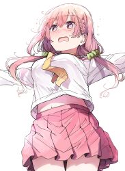 Rule 34 | 1girl, blush, braid, commentary request, green scrunchie, hair ornament, hair scrunchie, highres, hinako note, low twintails, midriff, navel, necktie, nyoijizai, outstretched arms, pink eyes, pink hair, pink skirt, sakuragi hinako, school uniform, scrunchie, serafuku, shirt, skirt, solo, spread arms, twintails, wavy mouth, white shirt, yellow necktie