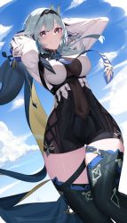 Rule 34 | 1girl, :d, absurdres, arms up, between breasts, black hairband, black thighhighs, blue hair, blue necktie, blue sky, blush, breasts, brown eyes, covered navel, day, eula (genshin impact), feet out of frame, genshin impact, grin, hairband, highres, impossible clothes, izulizuru, large breasts, long hair, long sleeves, looking at viewer, necktie, necktie between breasts, open mouth, outdoors, signature, sky, smile, solo, sweat, teeth, thigh gap, thighhighs, thighs, underbust, water drop