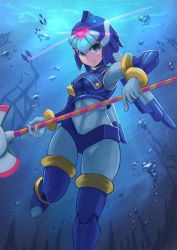 Rule 34 | 1girl, blue eyes, breasts, bubble, fairy leviathan (mega man), glaive (polearm), glowing, helmet, highres, joints, mega man (series), mega man zero (series), polearm, robot joints, smile, solo, tesshii (riza4828), underwater