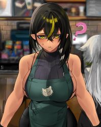 Rule 34 | 2girls, ?, apron, armpit crease, bare shoulders, barista, black gloves, black hair, black pants, blonde hair, blurry, blurry background, blush, bra strap, breasts, cafe, coffee, collarbone, covered collarbone, crossed bangs, dark-skinned female, dark skin, elf, gloves, green apron, halterneck, highres, iced latte with breast milk (meme), j.moon, large breasts, lilith (lilycious), looking at viewer, meme, mole, mole on breast, mole under mouth, multicolored hair, multiple girls, original, pants, pointy ears, pov, sideboob, skindentation, sleeveless, strap, strap slip, streaked hair, sweatdrop, sweater, turtleneck, turtleneck sweater, two-tone hair, undersized clothes, white hair, yellow eyes