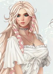 Rule 34 | 1girl, blonde hair, blue eyes, breasts, choker, cleavage, closed mouth, dress, final fantasy, final fantasy xiv, frilled sleeves, frills, grey background, hair over shoulder, hair ribbon, highres, jewelry, large breasts, lips, long hair, looking to the side, minfilia warde, necklace, parted bangs, pink ribbon, portrait, ribbon, short sleeves, sidelocks, signature, solo, upper body, v arms, white dress, wide sleeves, yiiande