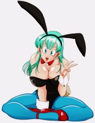 Rule 34 | 1girl, animal ears, blue eyes, blue hair, blue pantyhose, bow, bowtie, breasts, bulma, cleavage, detached collar, dragon ball, high heels, highres, indian style, large breasts, leotard, long hair, nala1588, pantyhose, playboy bunny, rabbit ears, rabbit tail, red footwear, sitting, smile, solo, v, wrist cuffs