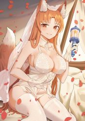 Rule 34 | 1girl, absurdres, animal ear fluff, animal ears, breasts, cleavage, collar, fox ears, fox girl, fox tail, garter straps, gloves, goback, highres, holding, holding rattle, holo, large breasts, orange eyes, orange hair, panties, petals, pillow, rattle, solo, spice and wolf, tail, thighhighs, underwear, white collar, white gloves, white panties, white thighhighs