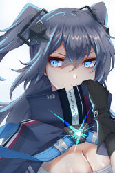 Rule 34 | 1girl, absurdres, azur lane, black gloves, blue cape, blue eyes, breasts, cape, cleavage, commentary request, gloves, glowing, grey hair, hair between eyes, hair ornament, hand up, highres, intrepid (azur lane), kongbai huanxiang, large breasts, long hair, looking to the side, parted lips, portrait, shiny skin, sidelocks, simple background, solo, strap, twintails, very long hair, white background