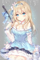 Rule 34 | 1girl, animal, animal ears, bad id, bad pixiv id, blonde hair, blue dress, blue eyes, blue ribbon, blush, commentary request, detached collar, dress, frilled sleeves, frills, fur-trimmed dress, fur collar, fur trim, girls&#039; frontline, grey background, gun, hair bobbles, hair intakes, hair ornament, hair ribbon, hairband, long hair, long sleeves, looking at viewer, official alternate costume, one side up, pom pom (clothes), rabbit, rabbit ears, ribbon, sitting, smile, snowflake hair ornament, snowing, solo, sparkle, submachine gun, suomi (girls&#039; frontline), suomi (korvatunturi pixie) (girls&#039; frontline), suomi kp/-31, taya oco, thighhighs, twitter username, weapon