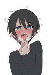 Rule 34 | 1girl, absurdres, ame (amechan17391739), black hair, blue eyes, blush, bright pupils, heart, highres, messy hair, open mouth, pointing, pointing at self, saitou ena, short hair, solo, tongue, tongue out, upper body, white background, white pupils, yurucamp