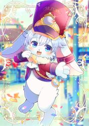 Rule 34 | :d, animal ears, blue eyes, blurry, blurry background, blush, commentary request, commission, depth of field, furry, grey hair, hair between eyes, hand up, jacket, kou hiyoyo, long sleeves, looking at viewer, open mouth, original, outstretched arm, pocket watch, rabbit, rabbit ears, red headwear, red jacket, skeb commission, smile, solo, watch