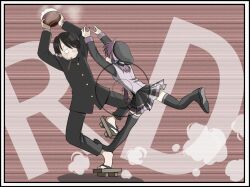 Rule 34 | 1boy, 1girl, arms up, beret, black footwear, black hair, black hat, black jacket, black pants, black shirt, black skirt, blush, bowl, brown background, chopsticks, chopsticks in mouth, commentary request, crossover, drooling, dust cloud, eichi1219, full body, gakuran, geta, grin, hair over eyes, hair over one eye, half-closed eyes, hat, highres, holding, holding bowl, jacket, jumping, kyuukyoku choujin r, leaning back, long hair, long sleeves, looking at another, no socks, one eye covered, pants, pleated skirt, r tanaka ichirou, reaching, rice, rice bowl, robot ears, school uniform, shirt, short hair, skirt, smile, speed lines, standing, standing on one leg, steam, trait connection, utane uta, utau, vest, viewfinder