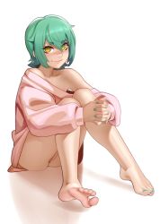 Rule 34 | 1girl, absurdres, anus, anus peek, barefoot, blush, closed mouth, commission, feet, green hair, green nails, hair between eyes, highres, kairunoburogu, long sleeves, looking at viewer, nail polish, off shoulder, original, own hands clasped, own hands together, short hair, simple background, sitting, smile, solo, toenail polish, toenails, white background, yellow eyes