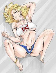 Rule 34 | 1girl, aarokira, absurdres, android 18, anklet, arm up, armpits, bare arms, bare legs, bare shoulders, barefoot, blonde hair, blue eyes, breasts, cameltoe, collarbone, cutoffs, dragon ball, earrings, facing viewer, feet, female focus, female pubic hair, full body, highres, hip bones, hoop earrings, jewelry, looking at viewer, lying, m legs, medium breasts, midriff, mismatched pubic hair, necklace, no bra, no panties, on back, parted lips, pearl necklace, pink lips, pubic hair, pussy, pussy peek, red ribbon army, short shorts, shorts, solo, sparse pubic hair, strap slip, tank top, text focus, open fly, uncensored, underboob