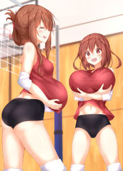 Rule 34 | 2girls, absurdres, ass, bad id, bad nicoseiga id, ball, blush, breast padding, breasts, brown eyes, brown hair, closed eyes, folded ponytail, gym, hair between eyes, hair ornament, hairclip, highres, holding, holding ball, ikazuchi (kancolle), inazuma (kancolle), kantai collection, long hair, looking at viewer, multiple girls, numpopo, open mouth, playing sports, short hair, small breasts, smile, sportswear, volleyball, volleyball (object), volleyball uniform
